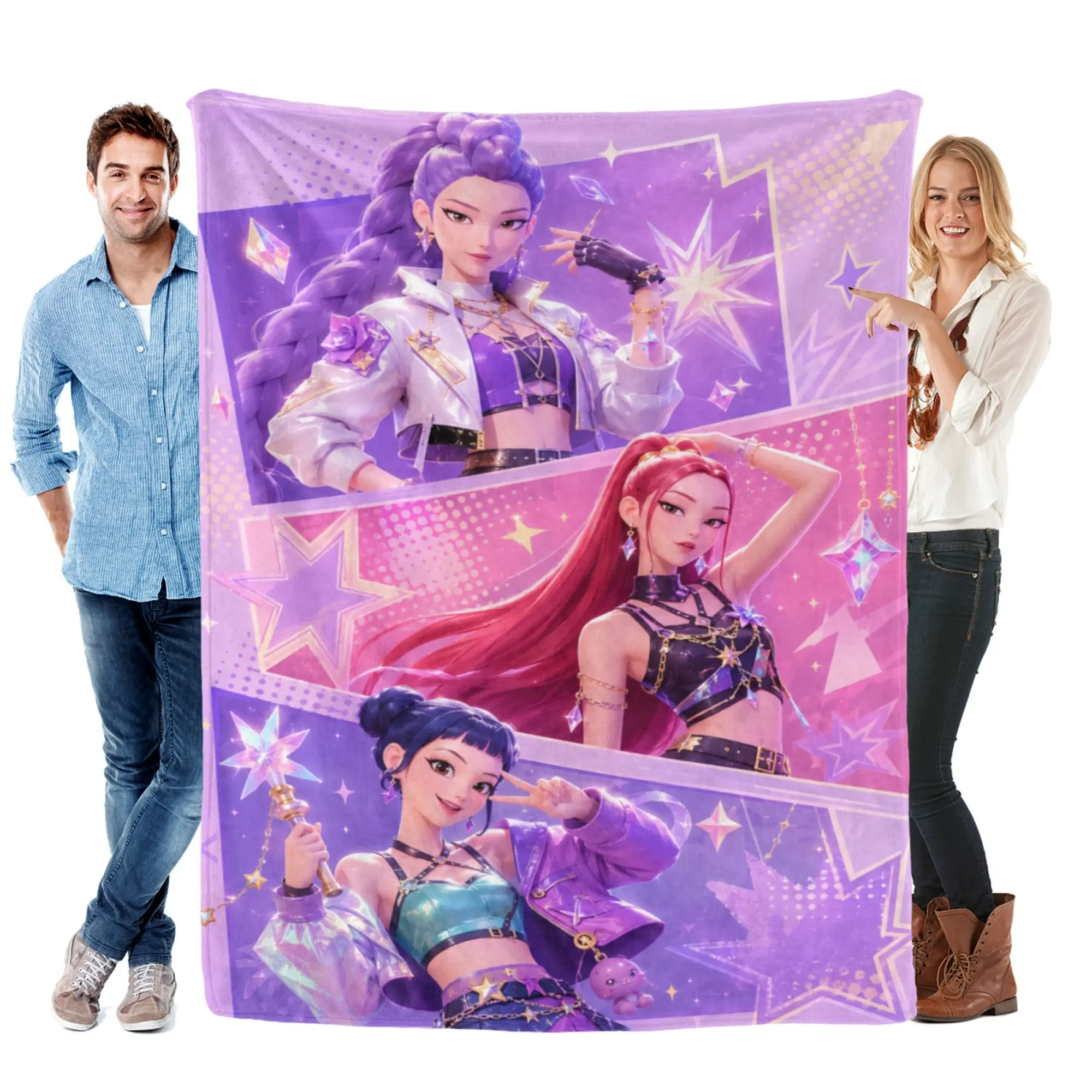 K-Pop Girl Group Blanket, Purple Pink Idol Style Flannel Throw Blanket Soft Cozy Fleece Blanket, Cute Music Fan Gift for Girls Bedroom Decor