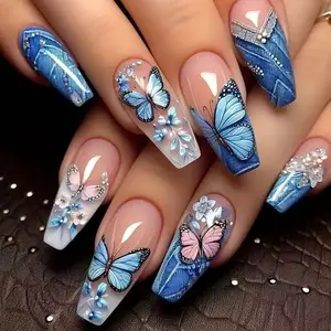 Butterfly Pattern Fake Nails with Nail File & Tape, Nail Accessories, 24pcs Removable False Nails for Women Girls Nail Art, Effortless Press on Nails Manicure Set Summer Nails