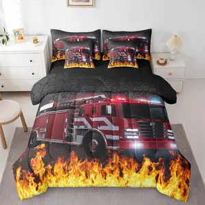 Feelyou 7-Piece Fire Truck Print Bedding Comforter Set - Breathable Cloth Bed-in-a-Bag with Red Honeycomb Hexagon Fire Flame Equipment Vehicle Cartoon Firefighter Design for Boys (Multi-Size), Seven Pieces
