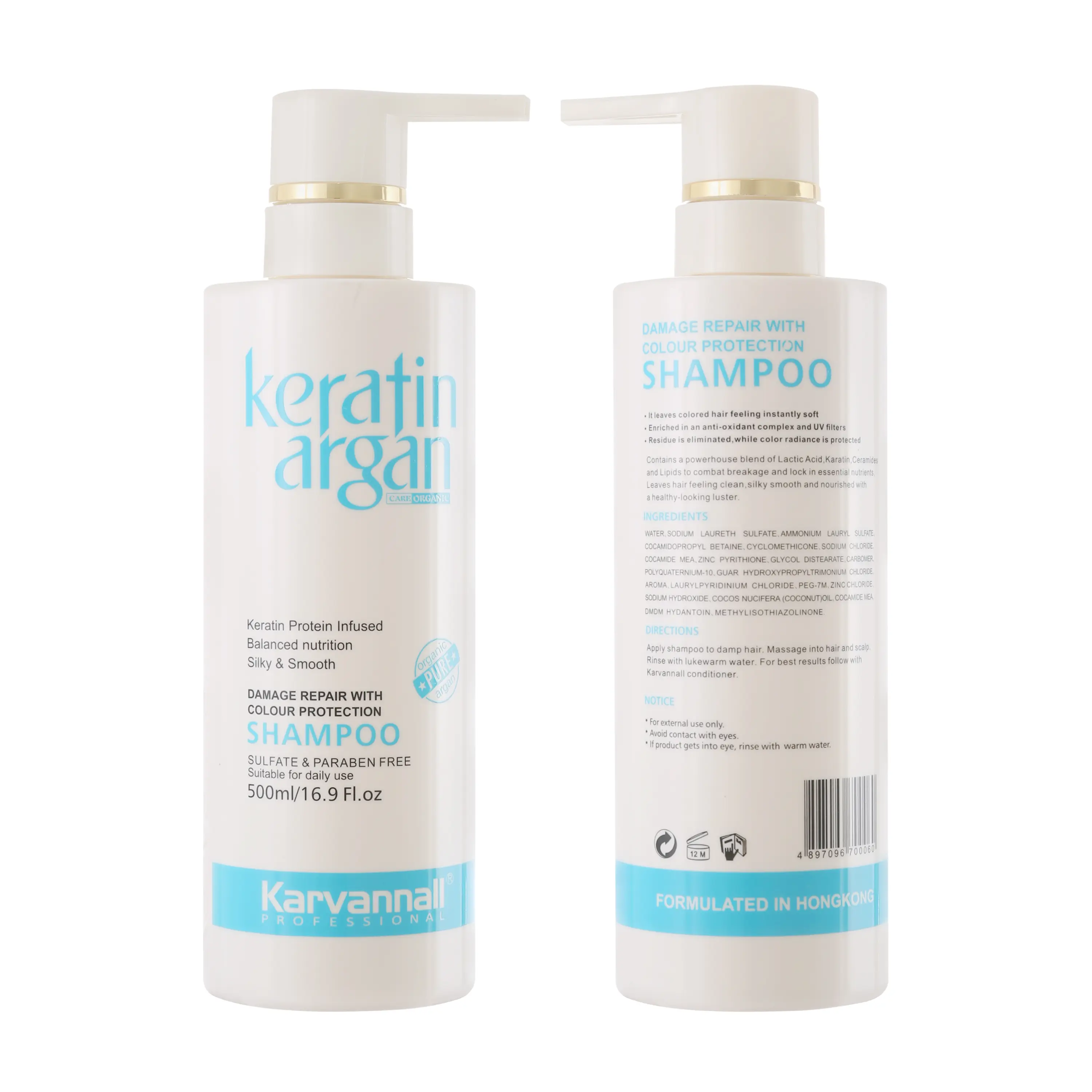 Karvannall 500ml/16.9oz Professional Keratin Haircare Cleanser with Nut Oil & Argan, Restores Damaged Strands, Hydrating, Fights Loss, Silky Smooth, Sulfate & Paraben Free for All Types