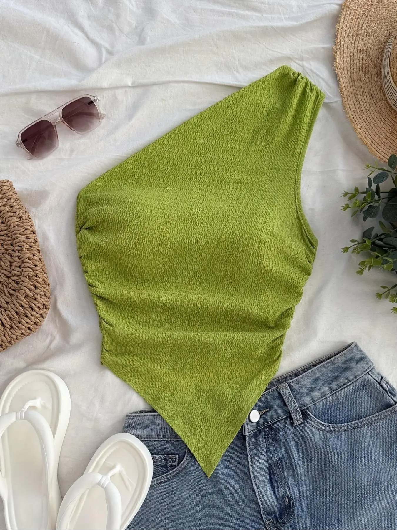 Women's Solid Color Ruched One Shoulder Top, Casual Soft Sleeveless Top for Daily Wear, Ladies Clothes for Summer, Casual Sleeveless Tops
