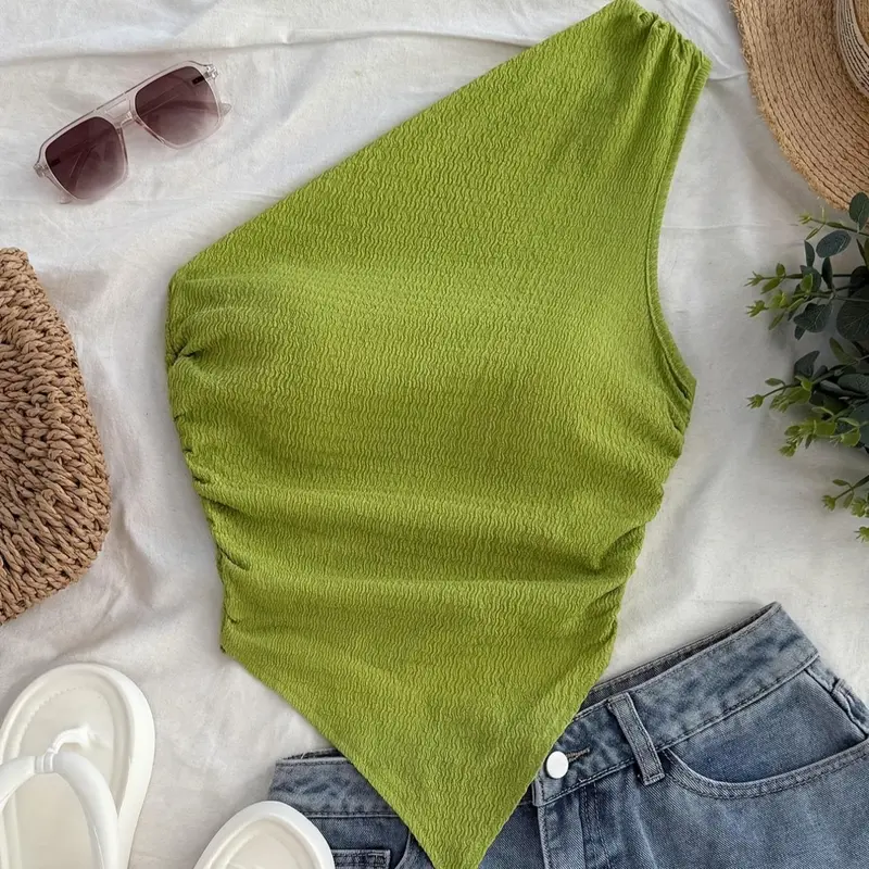 Women's Solid Color Ruched One Shoulder Top, Casual Soft Sleeveless Top for Daily Wear, Ladies Clothes for Summer, Casual Sleeveless Tops