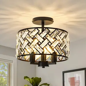 Black Crystal Chandelier for Dining Room, Semi Flush Mount Lighting Fixture, 3-Light Modern Ceiling Light for Bedroom, Foyer, K9 Crystal with Black Frame, D12xW12xH14