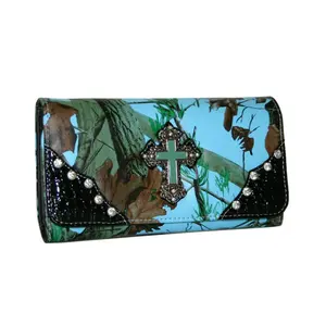 RITZ Trifold Leather-Like Men's Wallet (WC61-BLU-CAM) - 7.5x4.5 in., Western Camouflage Design with Rhinestone Accents, Magnetic Snap, Removable Checkbook, Zipper Pockets, Blue, Trifold Wallets