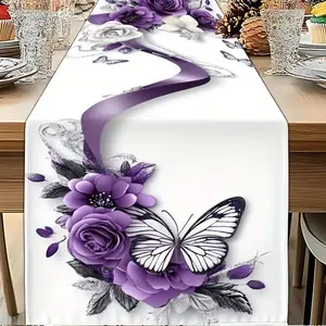 1 piece, purple floral butterfly decorative table flag cloth, elegant and romantic wedding banquet decoration, exquisite flowers, ribbon embellishment, adding noble temperament, suitable for various celebration occasions, creating a dreamy atmosphere