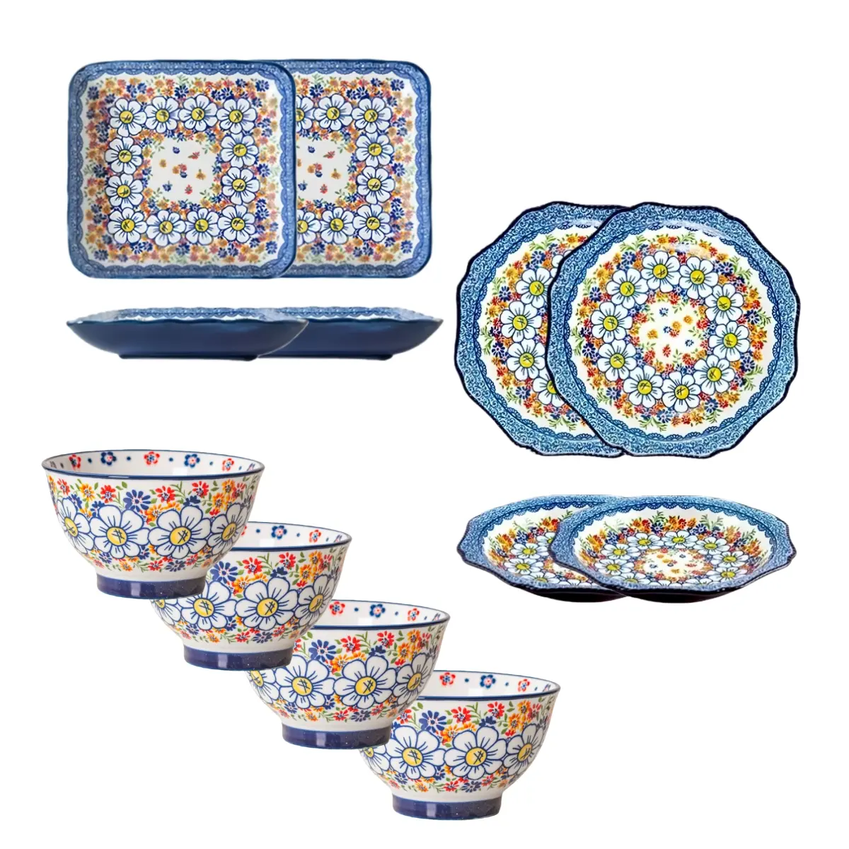 Blue-And- Ceramic Dinnerware Set, 8-Piece Includes Plates Bowls & Sushi Plate, Microwave Safe Dishwasher Friendly, Perfect Gift