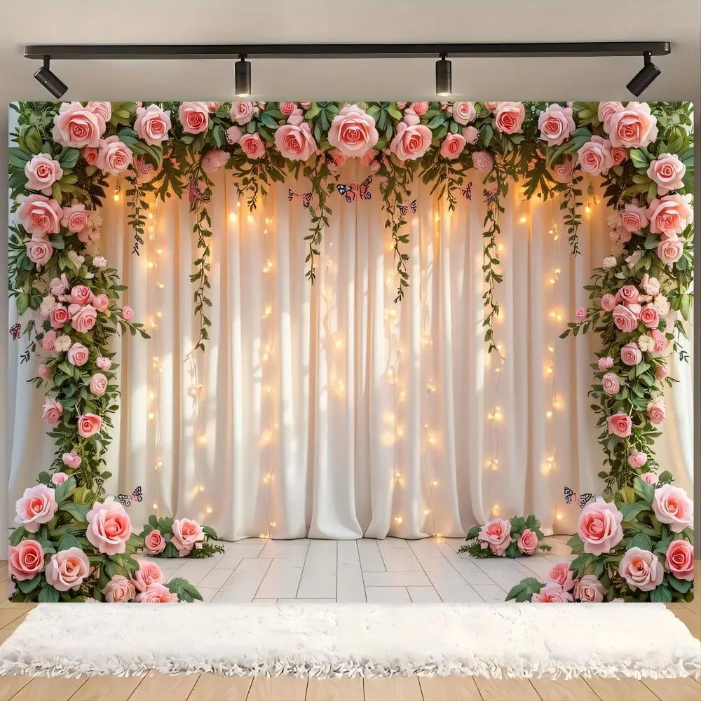 Flower Pattern Wedding Backdrop, Romantic Wedding Party Decoration,Props Background Cloth, Indoor & Outdoor Garden Decoration Supplies, Banners