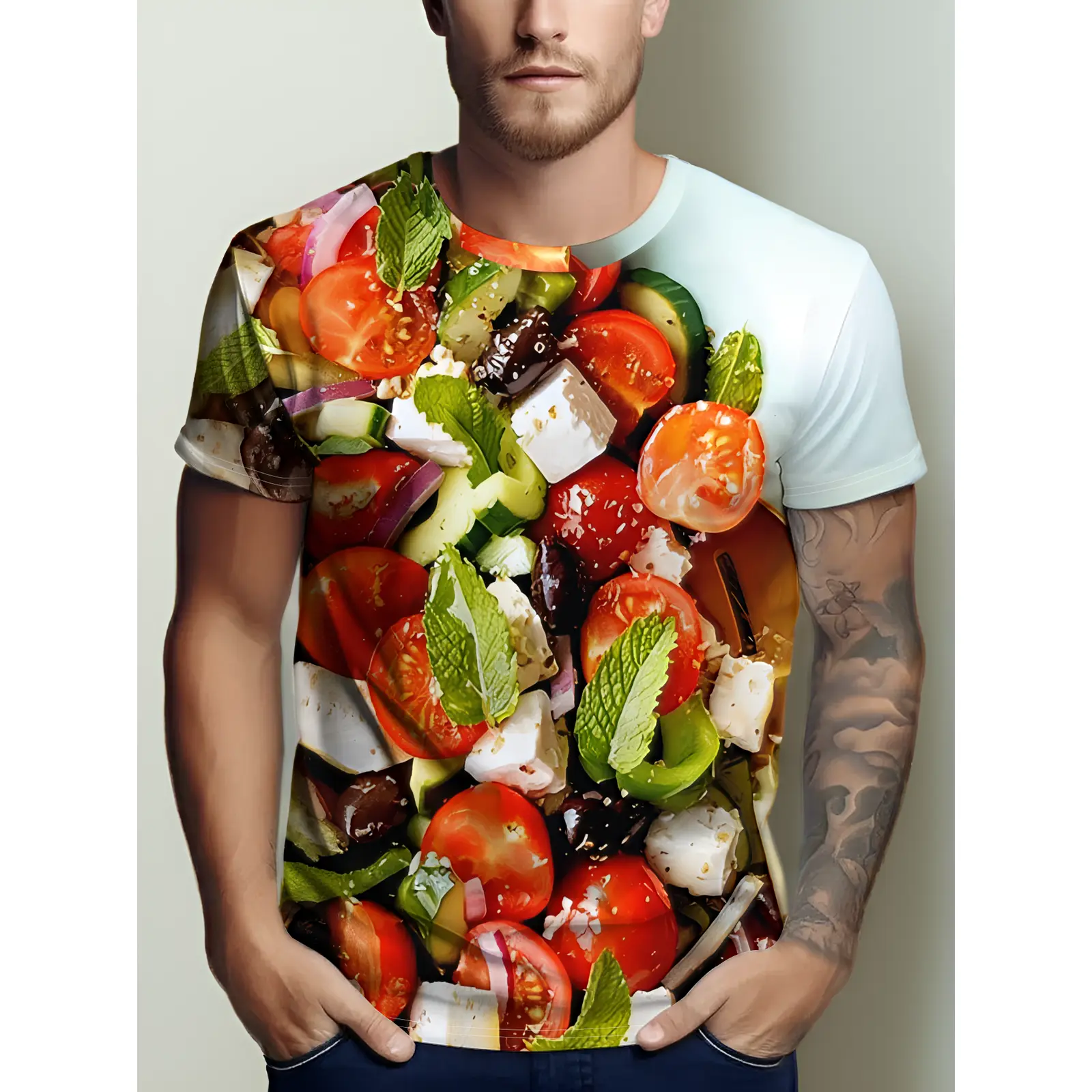 Short-Sleeve T-Shirt, Front Full Print of Fresh Fruit And Vegetable Salad, Colorful And Vibrant