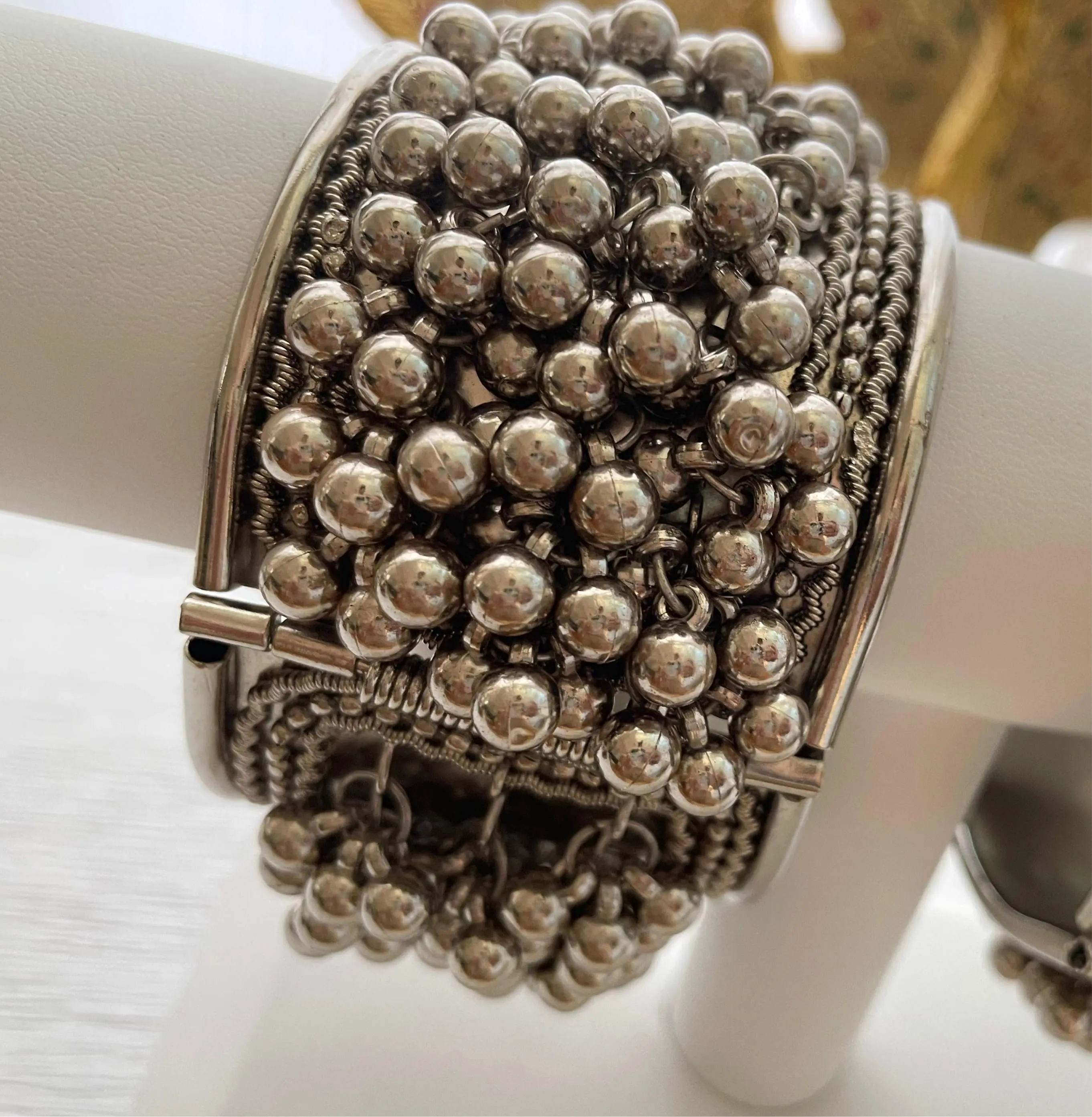 Oxidized Silver Imitation Cuff Bangle, Indian Boho Ethnic Bracelet with Metallic Bead Clusters, Adjustable for Average Sized Wrists, Beads, Clusters Of Metallic Beads