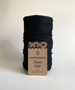 3mm 3 Ply Cotton Macrame Cord 3 Strand Twisted Craft Rope - Black Fiber Art String