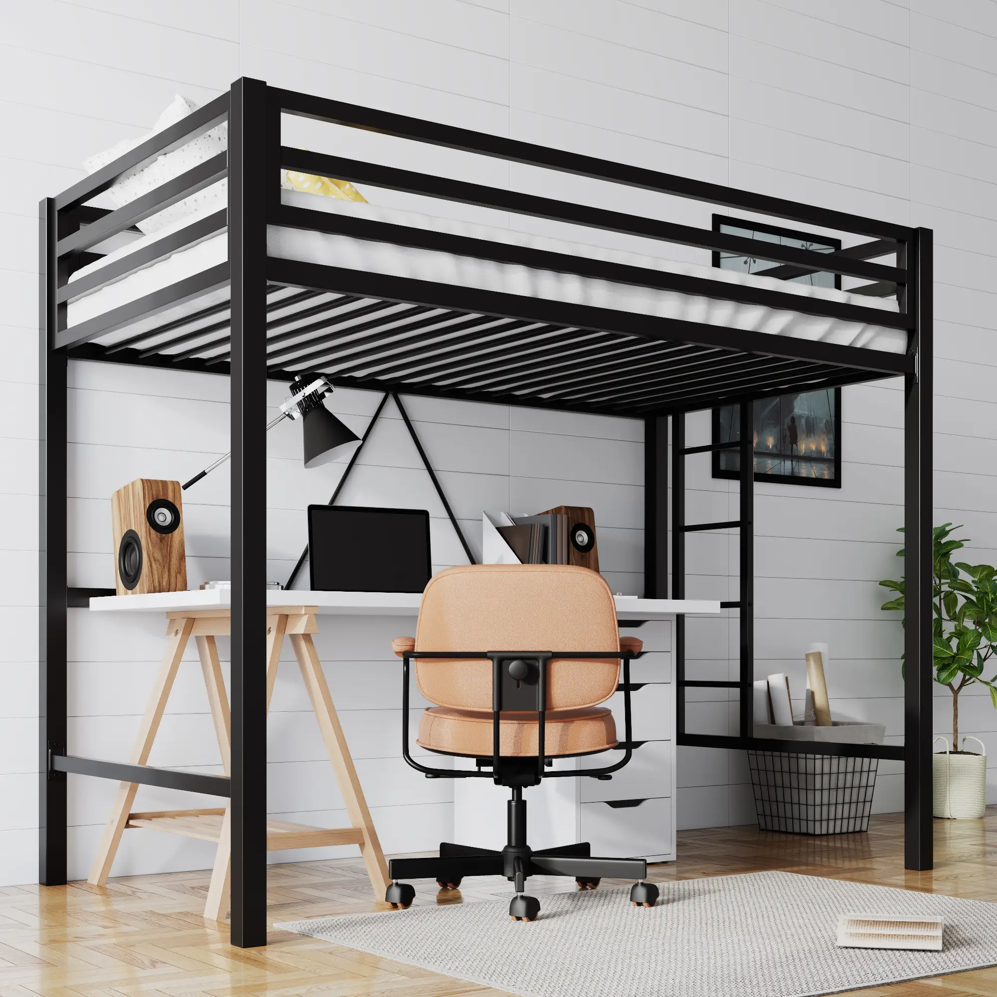 SHA CERLIN Twin Size Junior Loft Bed/【Frame Only No Mattress】Heavy-Duty Metal Frame with Full-Length Guardrail & Removable Stairs/Space-Saving & Noise