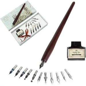 Calligraphy Pens Set Wooden Dip Pen Handcrafted Calligraphy Set with 11 Nibs & Black Ink