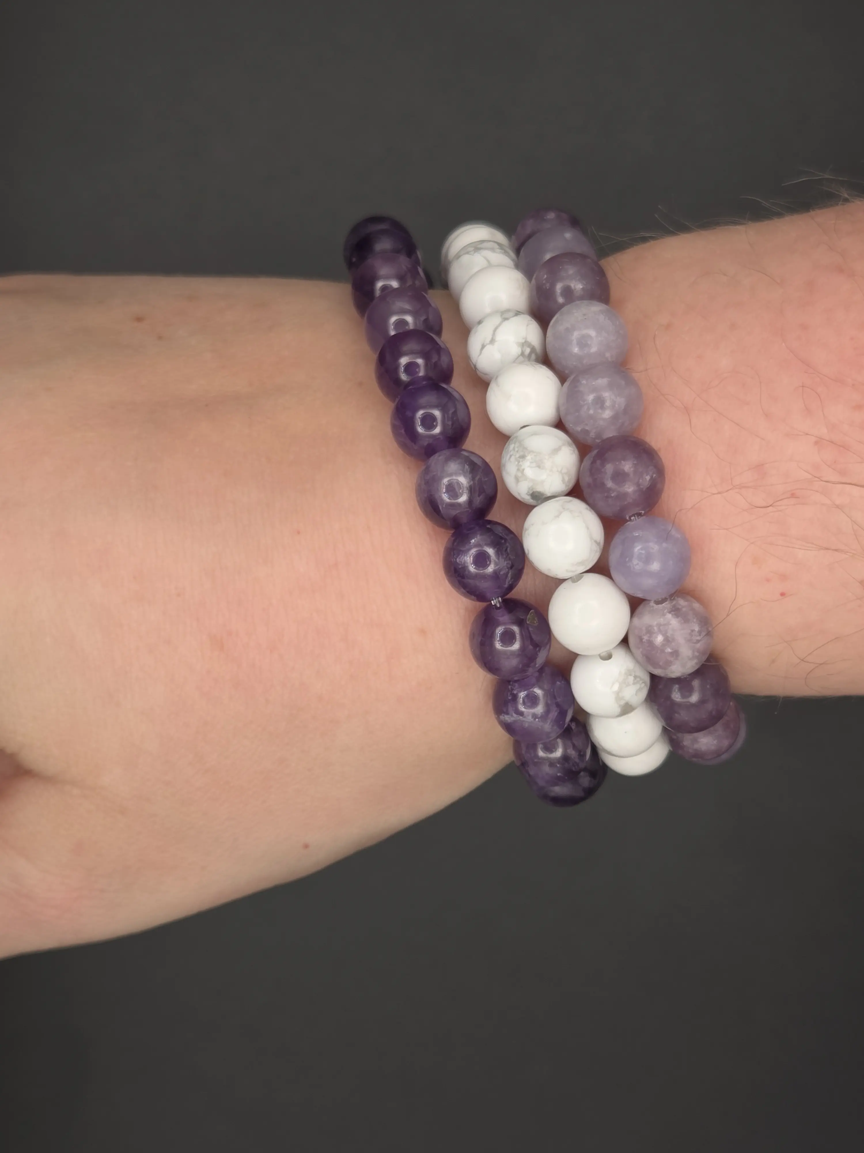 Unisex Natural Crystal Rest Stack Bracelet Set - 3 Amethyst Mix Gemstone Stretch Bracelets, 8mm Round Beads, Howlite, Lepidolite, Handmade in Colorado, One-Size-Fit-All, Evening Wear Accessory