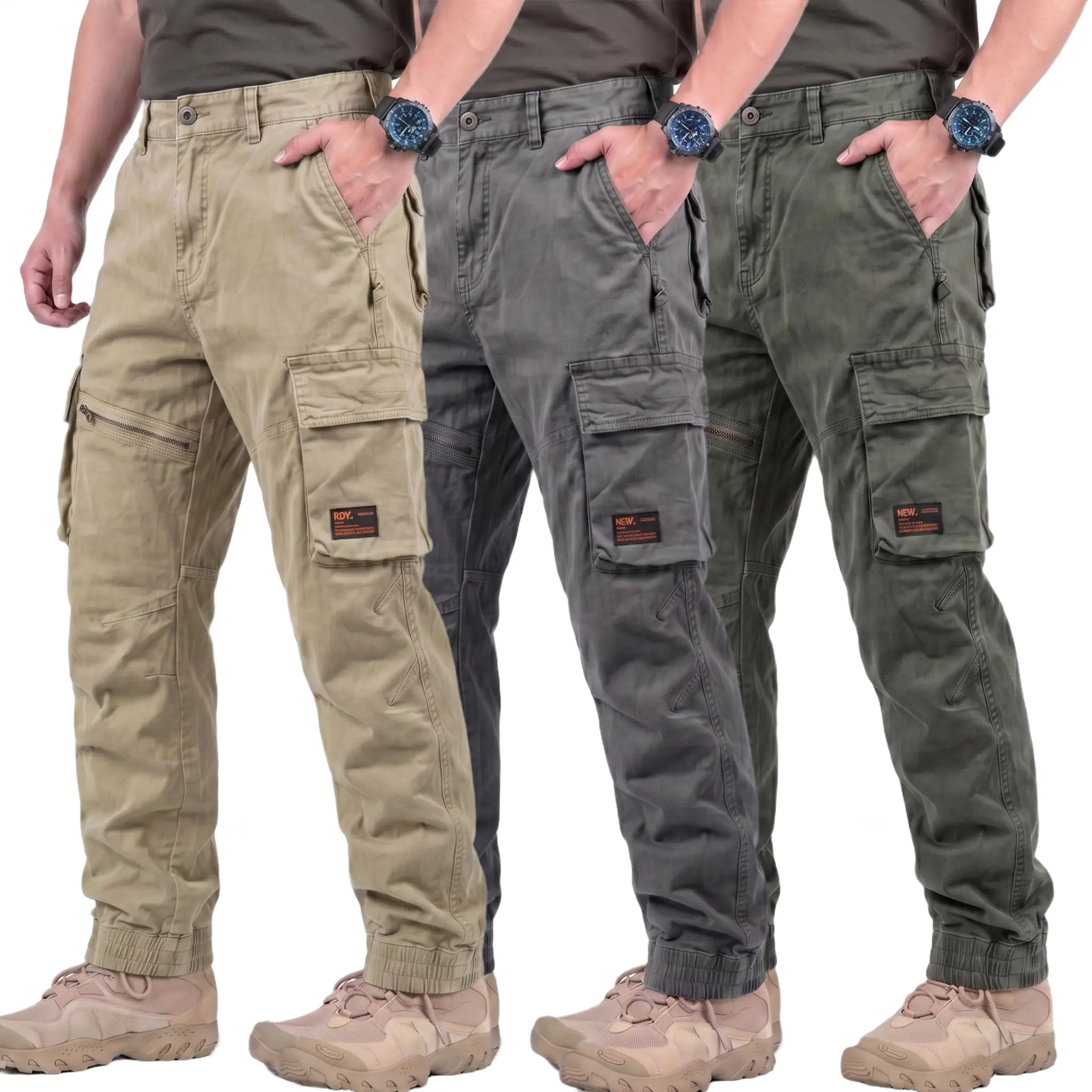 Casual Mid Waist Tactical Cargo Pants for Men in Heavyweight Cotton, Vintage Washed with Multiple Pockets and Cuffed Hem, Cuffed Hem Cut, Machine Washable, Minimalist, Outdoors, Salary Style, Solid