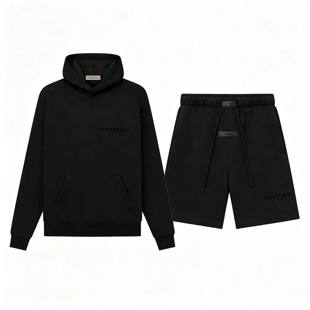 Fear of God Essentials Printed 2 Piece Outfit Men Casual Loose Fit Pullover Hooded Sweatshirt Matching Shorts Athletic Sweatset