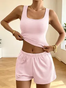 Womens 2 Piece Lounge Set U Neck Slim Fit Tank Top and Shorts Sleepwear Viscose Elastane Casual Home Clothes 2026 Summer Activewear Comfortable Everyday Pajamas Basic Y2K Sleep Outfit Stretchy Yoga Suit Trendy Two Piece Co-ord