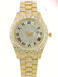 1-piece Water Diamond-Plated Men's Watch with Roman Numerals, Calendar, Hip-Hop Style, Full Diamond Quartz Fashionable Wristwatch, Quartz Watches