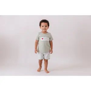 Boy Green I love MOMMY smocked gingham shorts set
