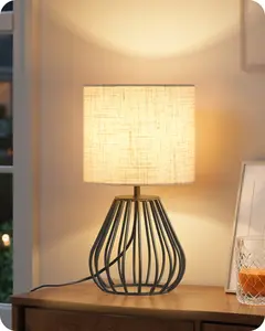 Small Bedside Table Lamp, Black Table Lamp with Metal Cage & Linen Lampshade, Modern Cute Desk Lamp, Cozy Nightstand Lamp for Bedroom, Living Room, Office, 2700K LED Bulb Included