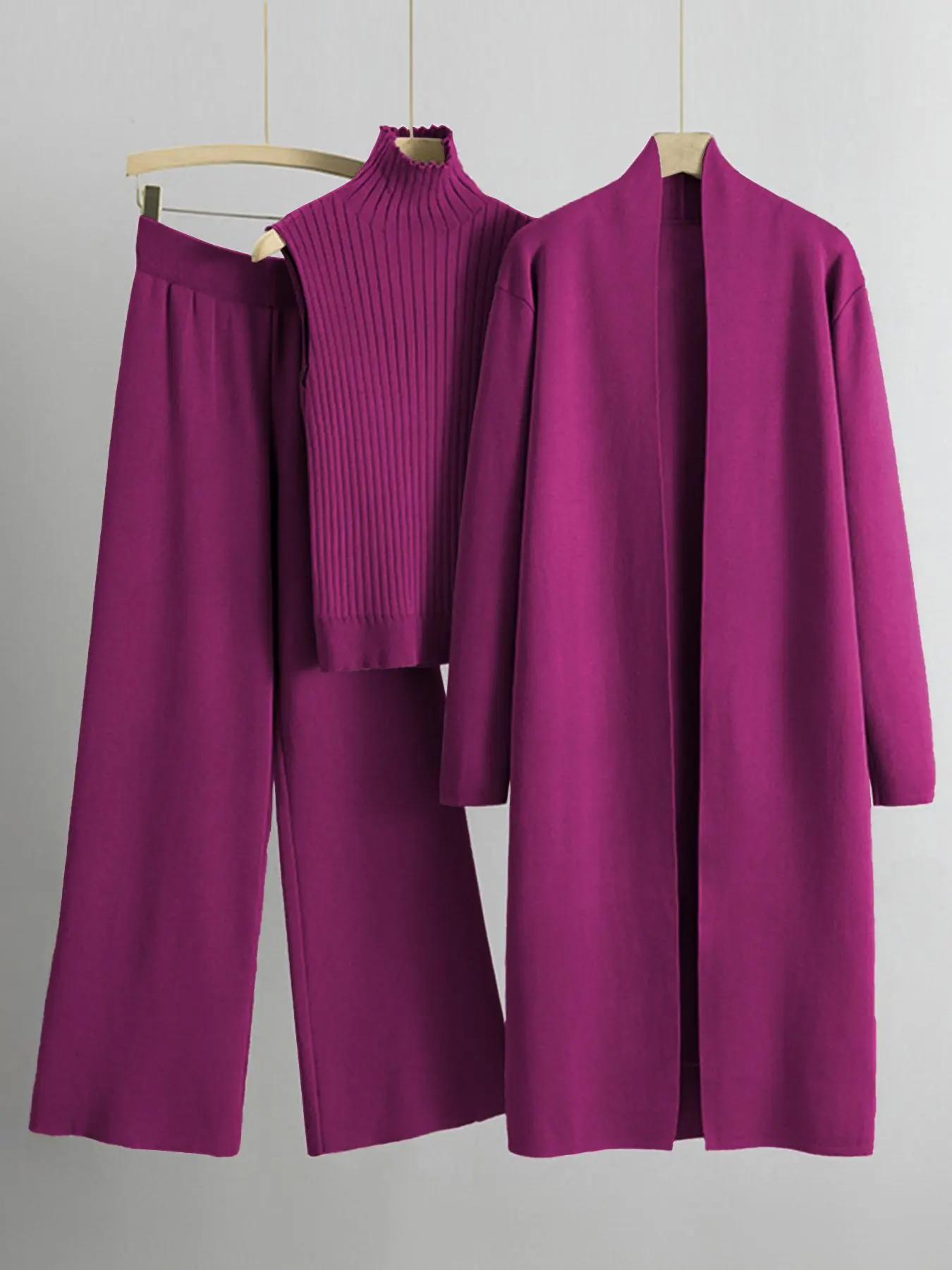 Trendy Knit Turtleneck Tank & Wide Leg Trousers With Open-Front Long Cardigan Three-Piece Sets Long Sleeve