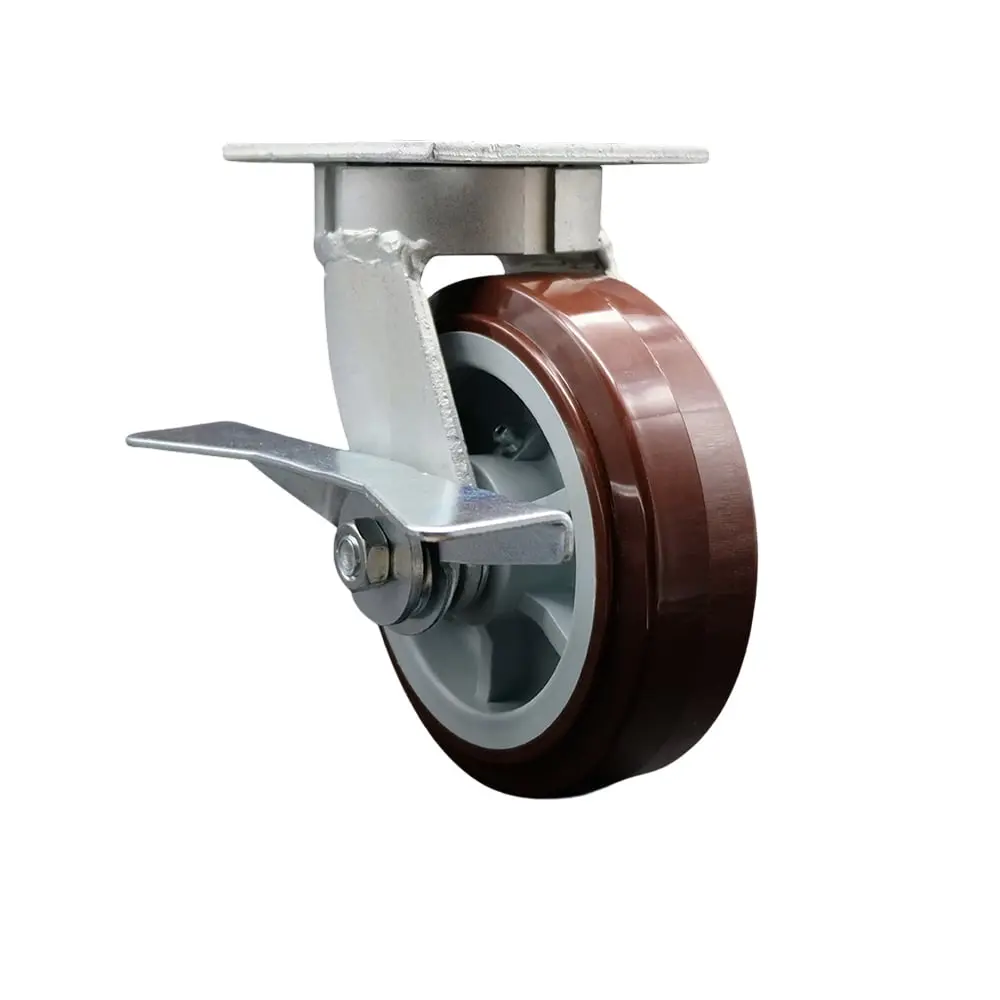 Service Caster SCC-KP30S620-PPUR-SLB Kingpinless Polyurethane Caster with Plate Mount, 6" x 2" Maroon Wheel, Side Lock Brake, 4-Position Notches, 900 lbs Capacity, Heavy Duty Non-Marking Tread, Grease Fittings for Dolly Trucks, Freight Terminals