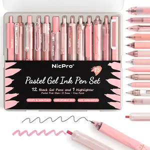 Nicpro 13Pack Pastel Gel Ink Pen Set with Case, Cute Retractable 0.5mm Fine Point Pen, 12 Pink Pens Black Ink with 1 Highlighter, Aesthetic Pens for Student Note Taking,Writing,Office Supplies (Pink)