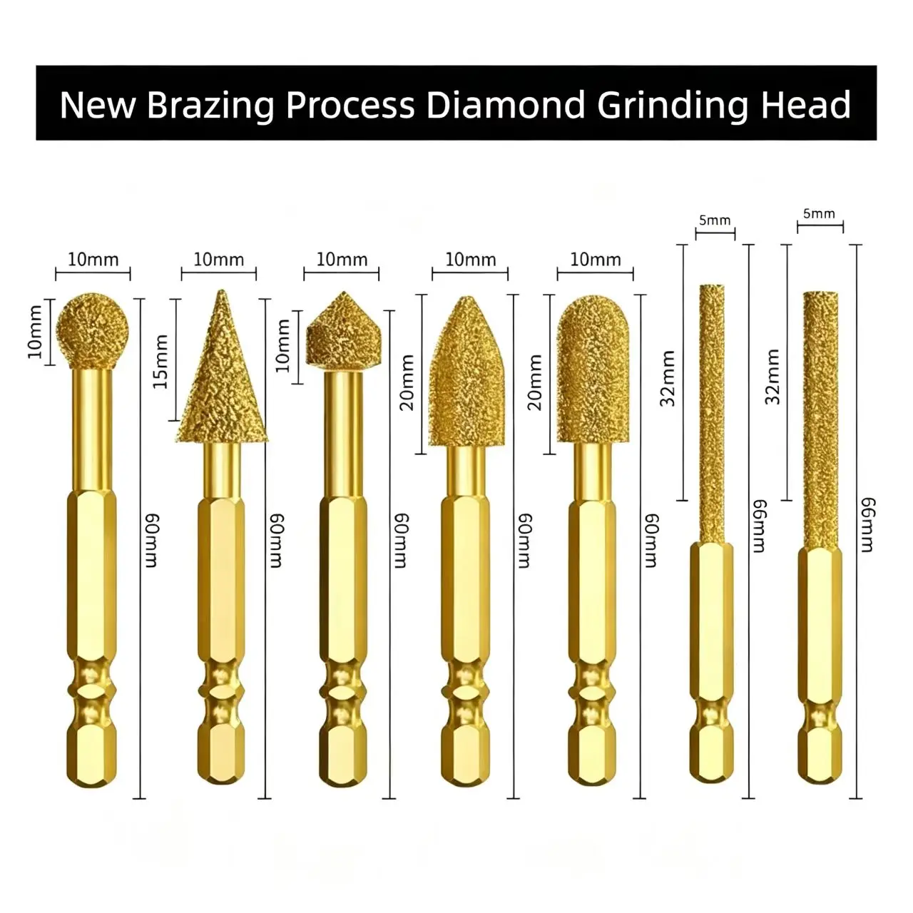 7-Pcs Vacuum Brazed Diamond Burrs Set - 6mm (1/4") Hex Shank Precision-Cut Grinding Bits, Cordless Drill Power Tool Accessories for Diamond Craft
