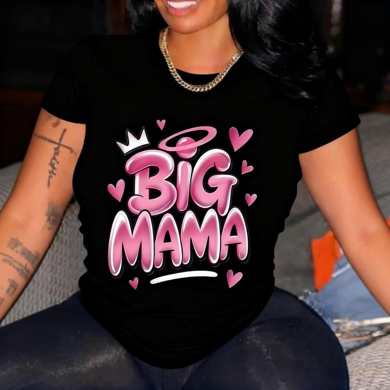 Graffiti Crown Women's Plus Size Casual Short Sleeve T-Shirt BIG MAMA Graphic With Crown & Hearts Geometric Print Breathable Round Neck Machine Washable All Season Comfort Fashionable Cotton Fabric Top