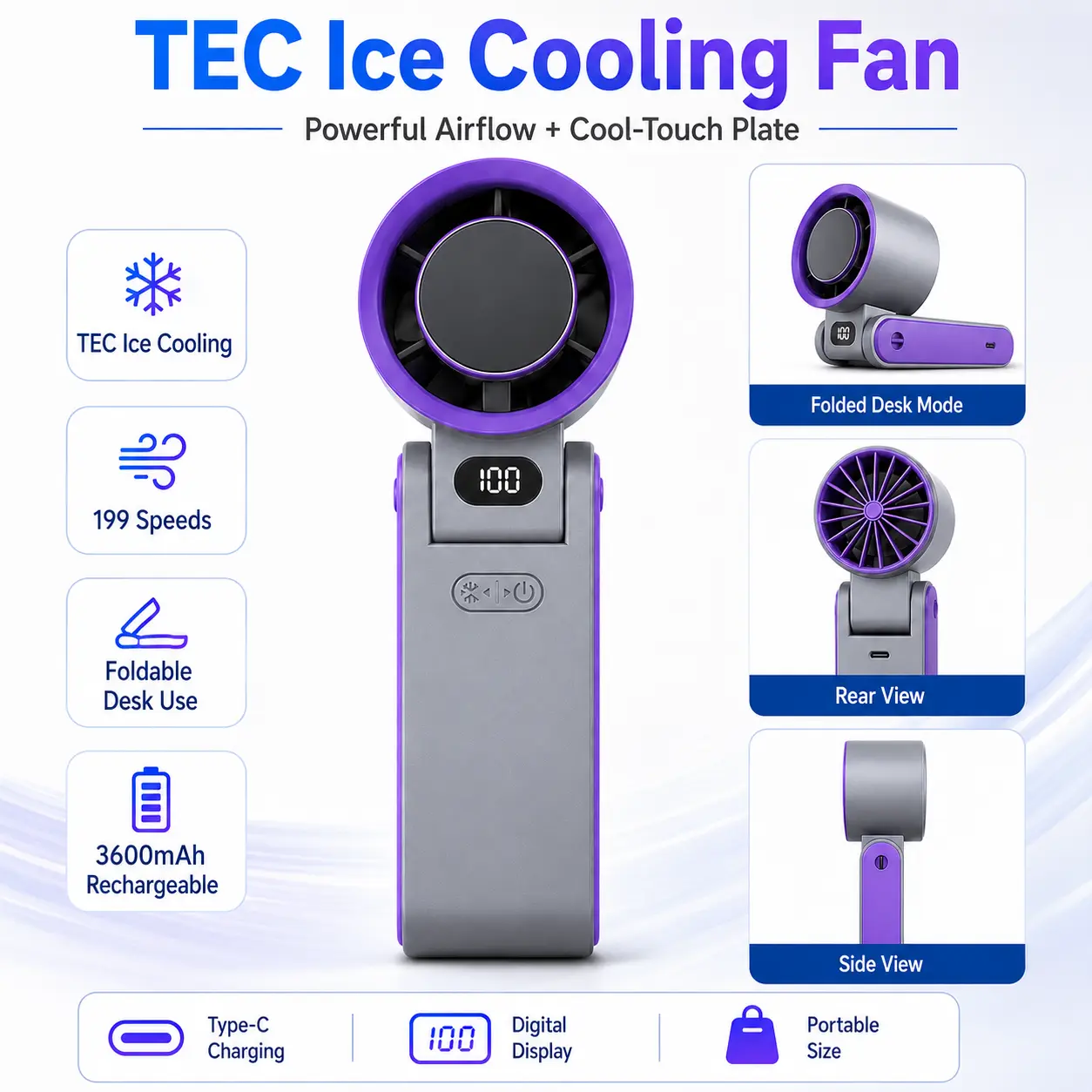 Playhot Rechargeable Foldable Handheld Fan - 199-Speed Turbo, Ice Cooling Plate, Digital Display, Type-C Charging for Summer Travel  essen cial  , Office Desk Use fan portable cooling fan mini portable fan fan that blows cold air ventilador recargable