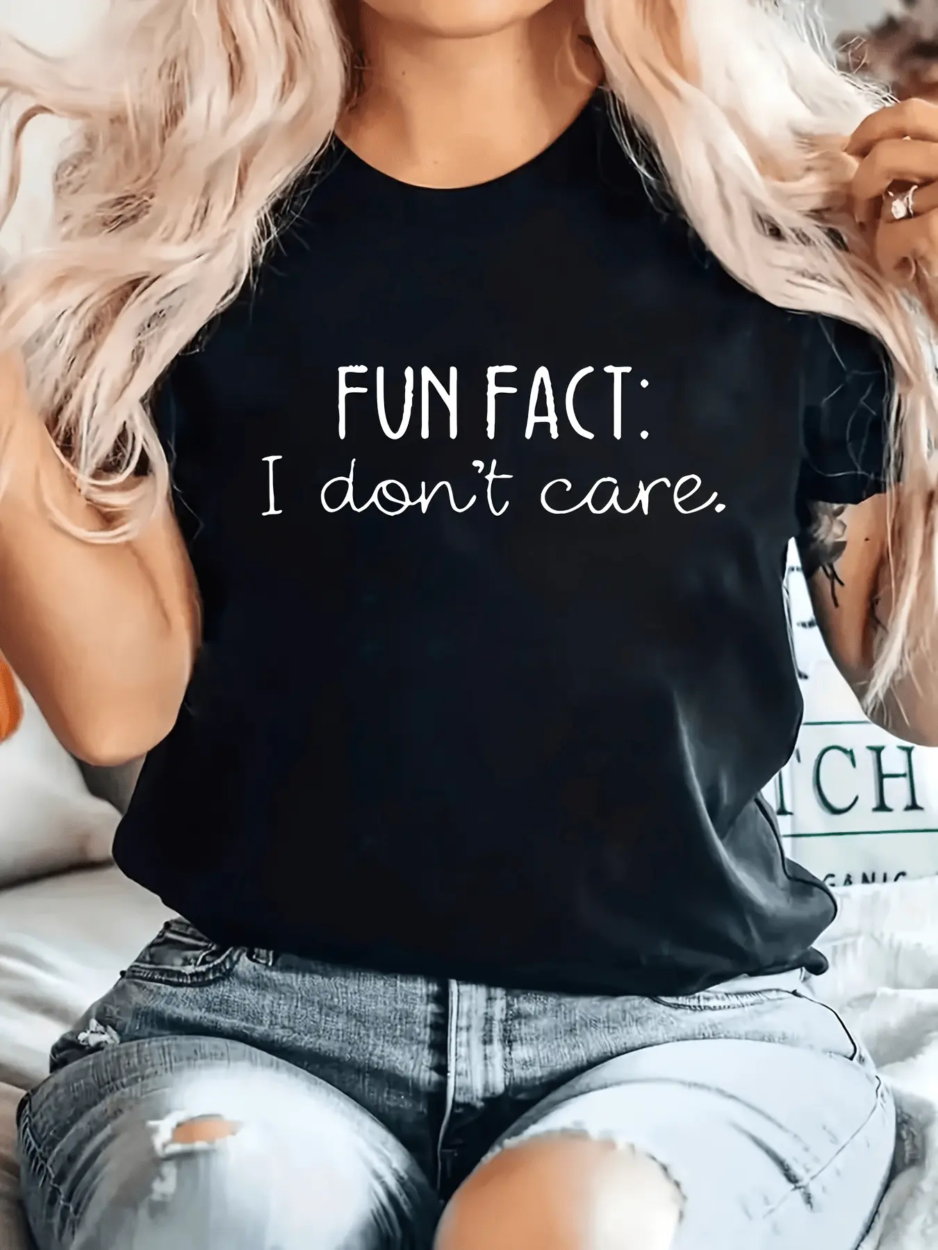 Plus Size Women's Fitted Sports T-Shirt - Bold "Fun Fact: I Don't Care" Letters Print, Stretchy Round Neck Short Sleeve, Machine Washable for Spring/Summer Sports & Outdoor Activities