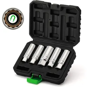5 Piece 3/8-Inch Drive Magnetic Spark Plug Socket Set, Includes 14mm, 16mm Thin Wall Sockets and 9/16-inch, 5/8-inch, 13/16-inch Sockets, 6-Point and 12-Point, CR-V, Enhanced Magnetic Design