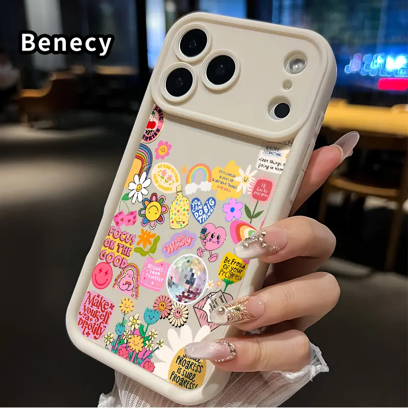 Joyful Sticker Symphony Pattern TPU Phone Case for iPhone 17 Pro Max 16 15 14 Plus 13 12 Mini 11 XR X XS Air E Shockproof Drop Protection Rugged Durable Silicone Cover Cellphone Protective Casing