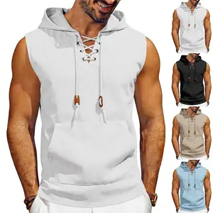 Summer Loose Jacquard Sleeveless Hooded Vest, Trendy Sports Drawstring Sleeveless T-shirt