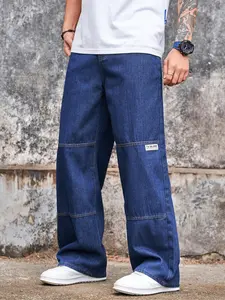 Men's Blue Patchwork Loose Fit Jeans Pants, Casual Daily Wear, Stylish Denim Long Trousers, Versatile Fashionable Men's Clothing