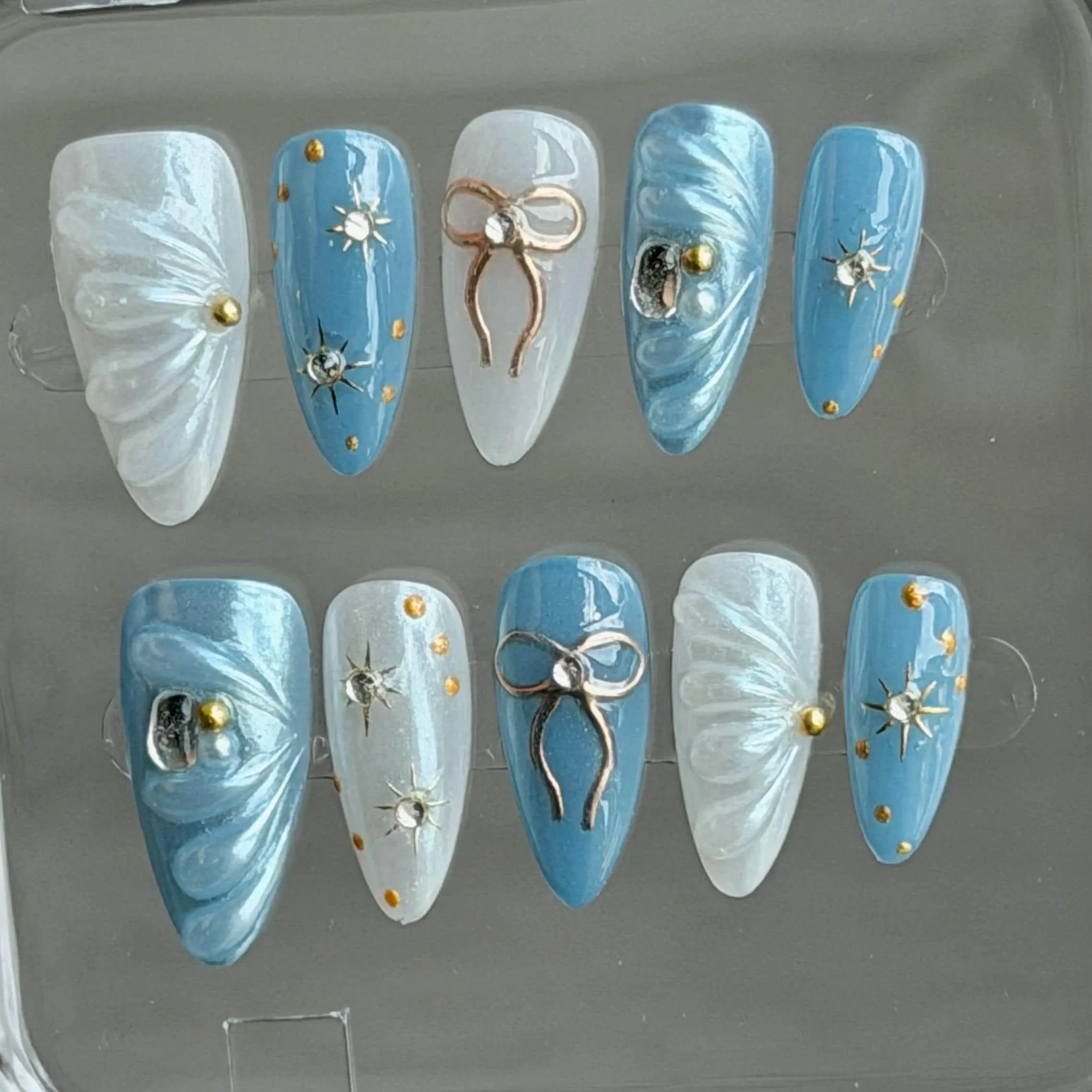 Hand Painted Almond Nails: Blue Nails Silver Bow Tie