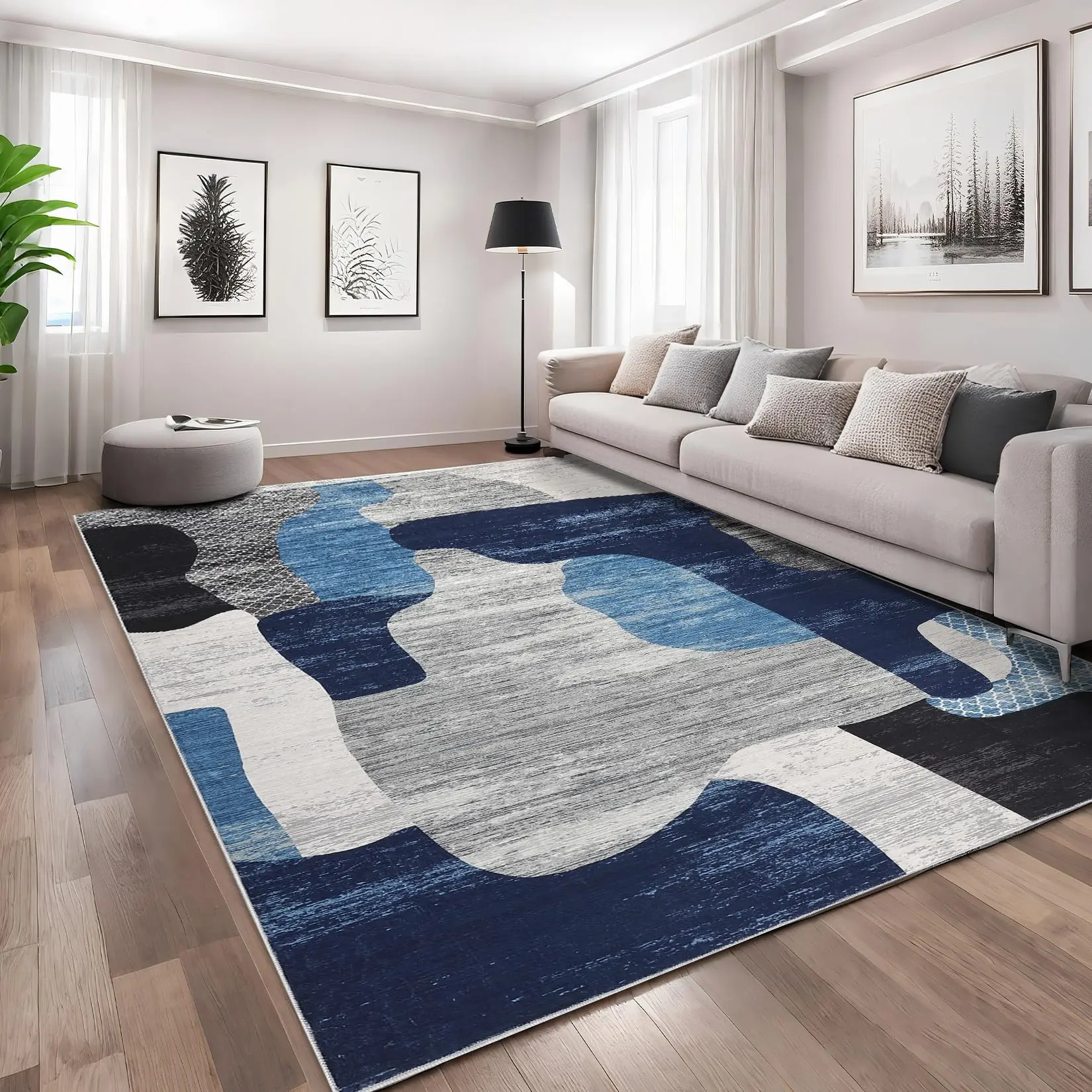GARVEE Modern Abstract Area Rug 5x7, Washable and Stain Resistant, Low Pile with Non-Slip Backing, Ideal for Living Room, Bedroom, Dining Room, Office, Blue