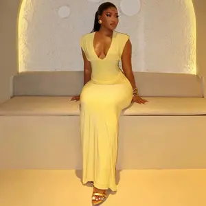 Elegant Yellow Maxi Dress with Deep V-Neckline and Cap Sleeves for Women