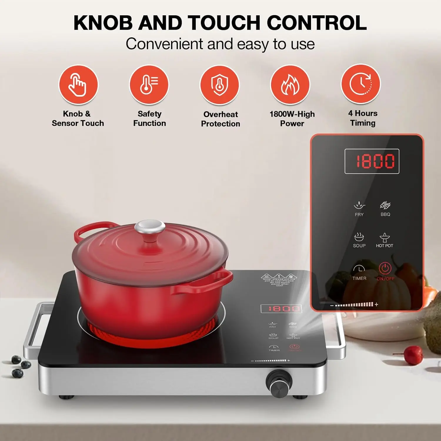 WABK Electric Cooktop,Portable Electric Cooktop 1800W Single Burner Stove with Plug,Hot Plate Countertop,110V-120V Infrared Burner,Child Safety Lock,Timer,Touch and Knob Control