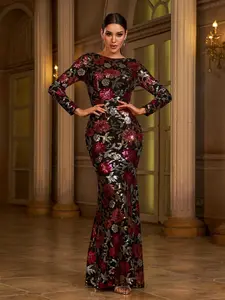 MISSORD Floral Sequin  Long Sleeve Round Neck Maxi Elegant Formal Wedding Guest  Women's All Over Print evening red carpet rehearsal dinner dress pram african clothing