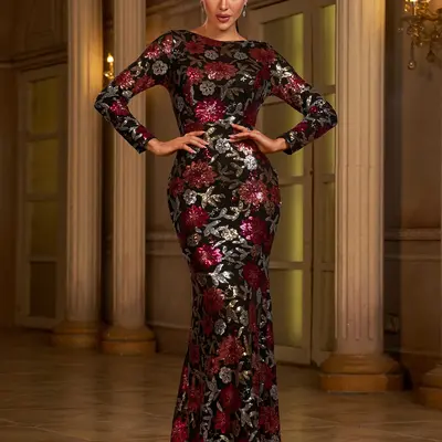 long sleeve grey dress formal Dramatic Long-Bell-Sleeve Long Formal Dress