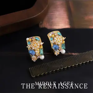 Vintage Light Medium Heavy Craft Colorful Gemstone Micro Pave Zircon C-shaped Earrings French Retro Palace Style Color-blocking Earrings for Women