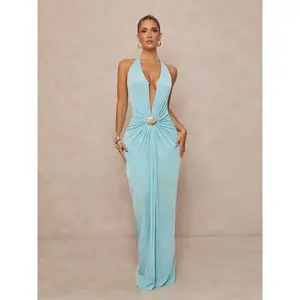 Deep V Backless Halter Dress, Pleated Waist with Metal Buckle, Cross-Back Bow Tie, Slim-Fit Floor-Length Skirt, Elegant Women’s Fashion, Elegant Formal Dress