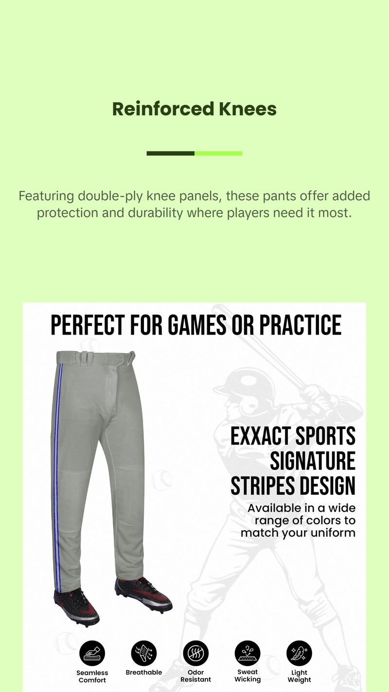 Exxact Sports Proline Full Length Baseball Pants Youth & Adult with Stripes, Relaxed Fit Open Bottom Men/Boys Baseball Pants (Grey/Navy)