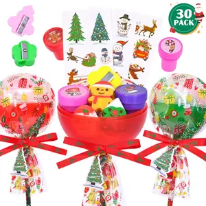 Christmas Gifts for Kids - 30 Pack Lollipop-Shaped Stationery Set with Christmastree Cards Slap Bracelets Pencils Stickers Erasers Stampers Sharpener for Classroom Exchange School Boys Girls Party gift basket