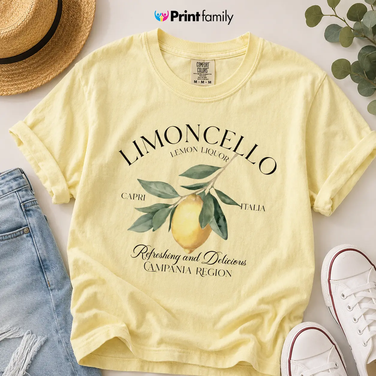 Women's Vintage Short-Sleeve Printed Comfort Colors Limoncello Tee - Refreshing Lemon Graphic, Italian Summer, Amalfi Coast Aesthetic Unisex Top - Printfamily, Shortsleeve, Tshirt, Casual, Everyday