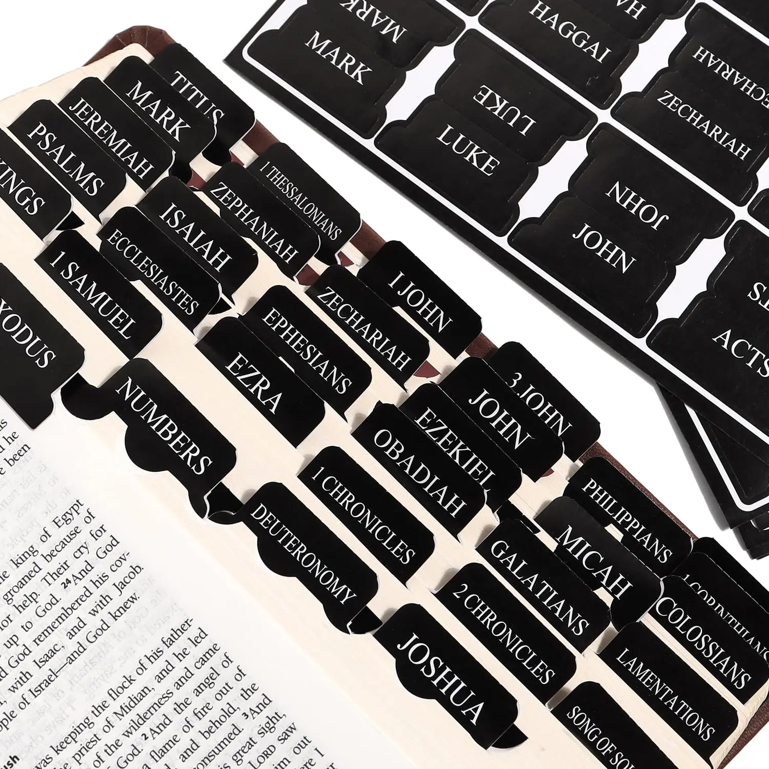 Black Bible Tabs , 66 Old & New Testament Scripture Index Tabs with 24 Blank Custom Markers, Paper Chapter Labels for Bible Study