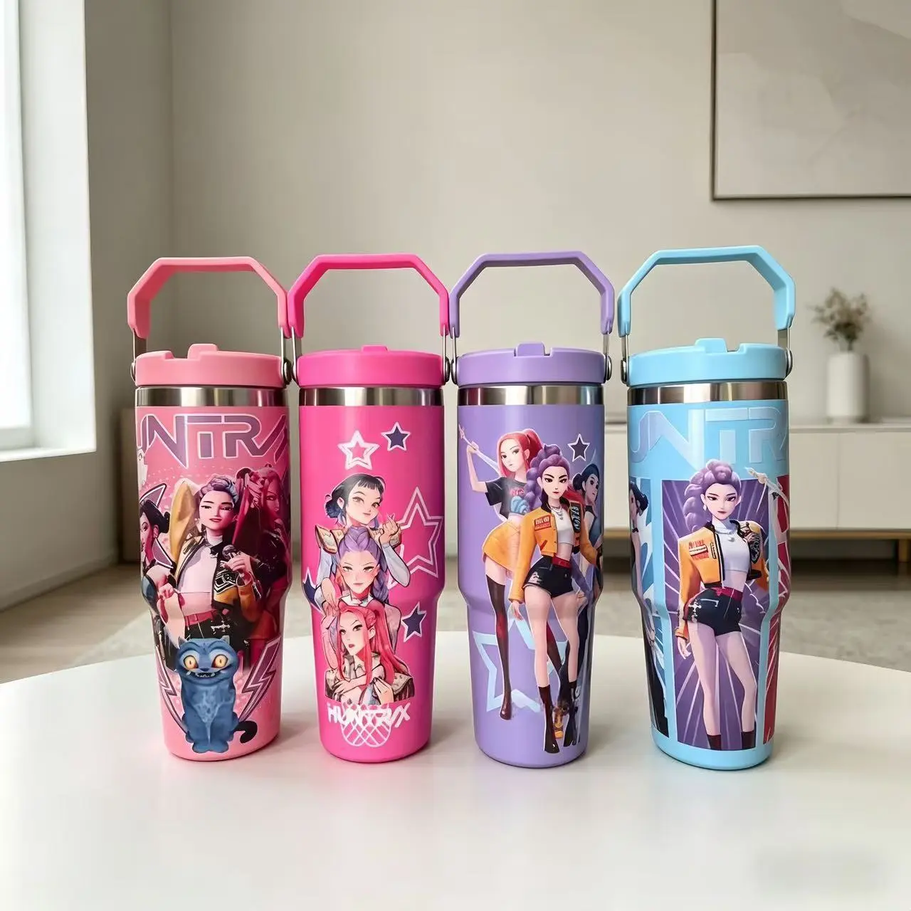 30oz K-pop girl group vacuum insulated water bottle - double-walled stainless steel leak-proof water bottle, large capacity travel mug with straw, suitable for car and office use.