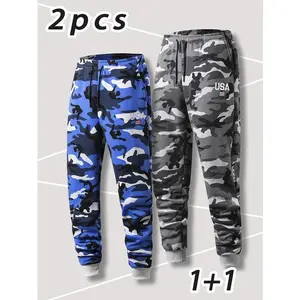 2PCS - Men's Autumn & Winter Casual Camo Set Sports Joggers with Unique Embroidered USA Pattern Elastic Waistband Drawstring Suitable for Outdoor Activities Travel Hiking Fitness Running Home Improvement Repair Workwear Gift for Him