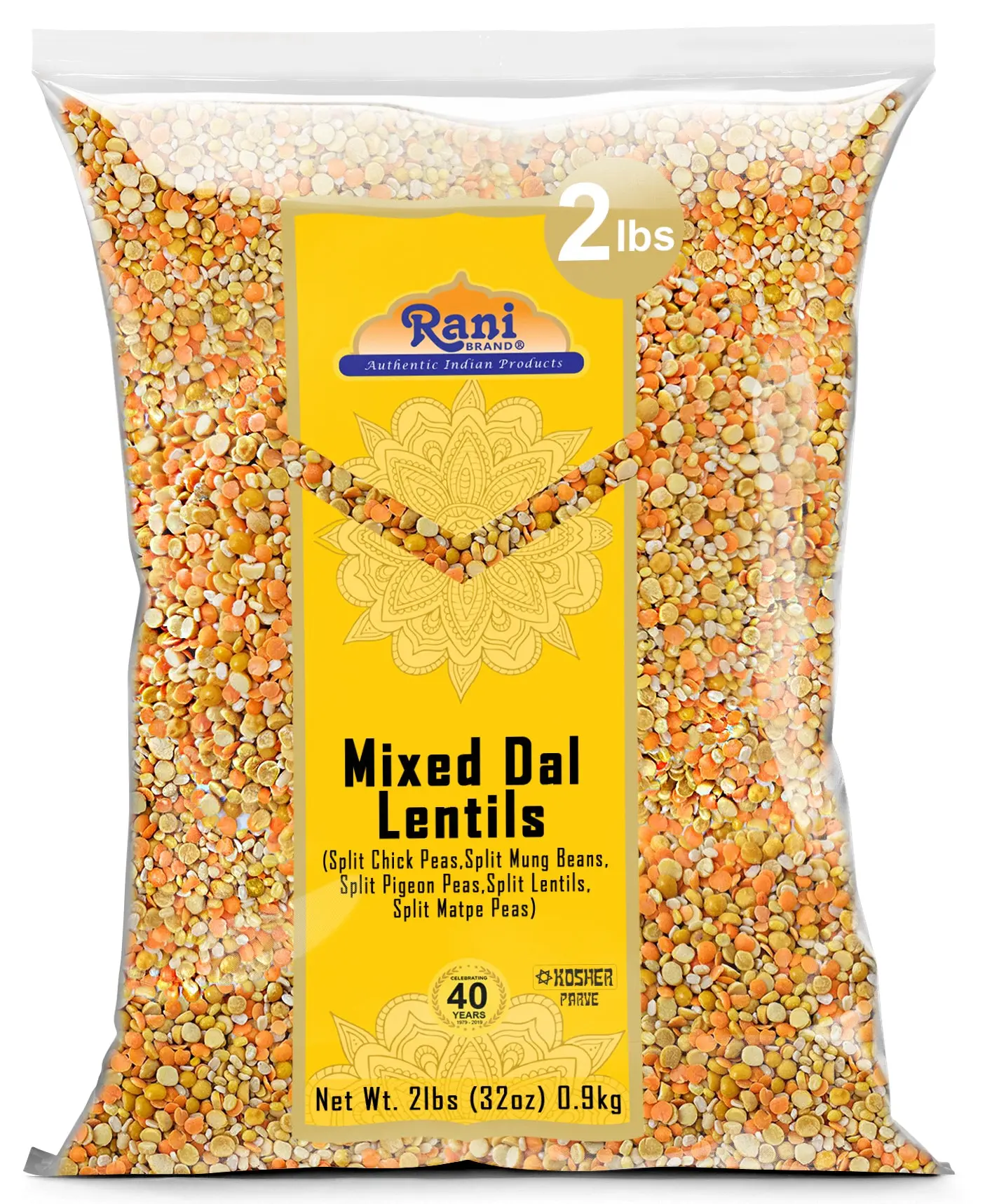 Rani Mixed Dal (Chana Dal, Moong Dal, Toor Dal, Masoor Dal, Urad Dal) 32oz (2lbs) 908g ~ All Natural | Gluten Friendly | NON-GMO | Kosher | Vegan | Indian Origin