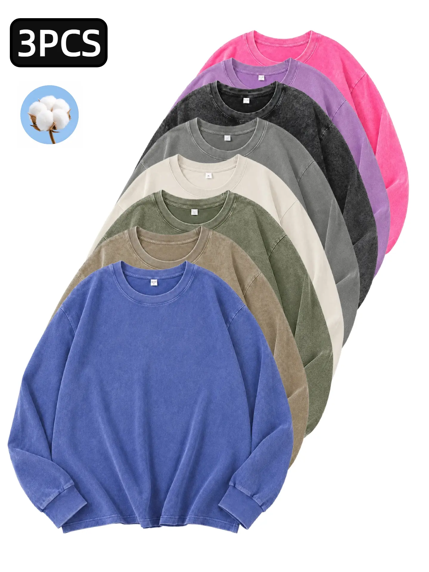 3 Pack Men’s Vintage Washed Long Sleeve T Shirts, Loose Fit Drop Shoulder 100% Cotton Crew Neck Tees, Retro Streetwear Tops for Fall Winter Gym Travel
